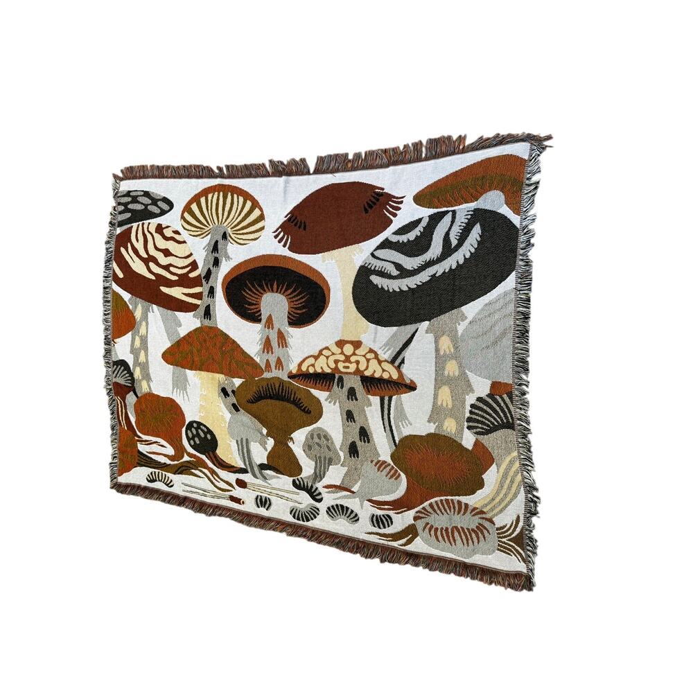 Mushroom Botanical Woven Tapestry Throw Blanket Wall Hanging Fringe 54x61